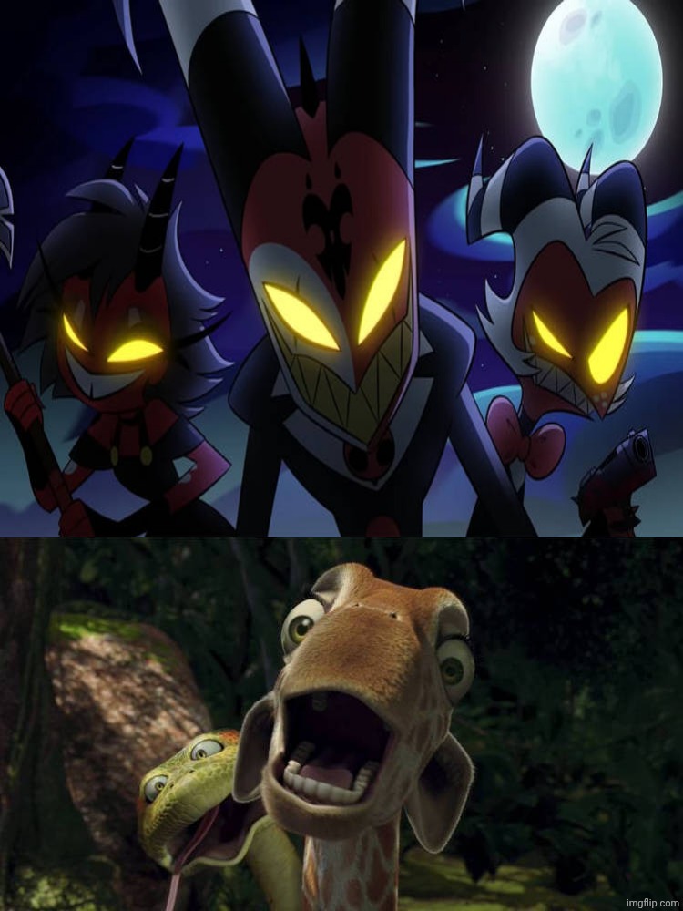Blitzo and his friends Scares At Bridget and Larry | image tagged in who scares at bridget and larry,deviantart,helluva boss,hazbin hotel,ripoff,vivziepop | made w/ Imgflip meme maker