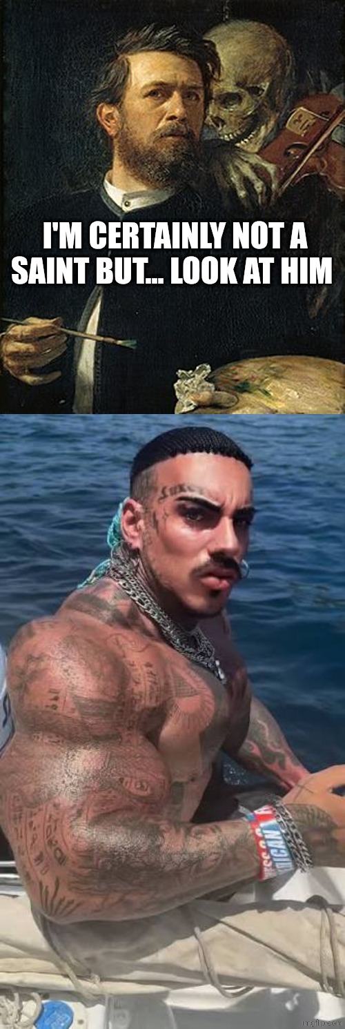 I'M CERTAINLY NOT A SAINT BUT... LOOK AT HIM | image tagged in skeleton whispering to man,eros luxor at sea | made w/ Imgflip meme maker