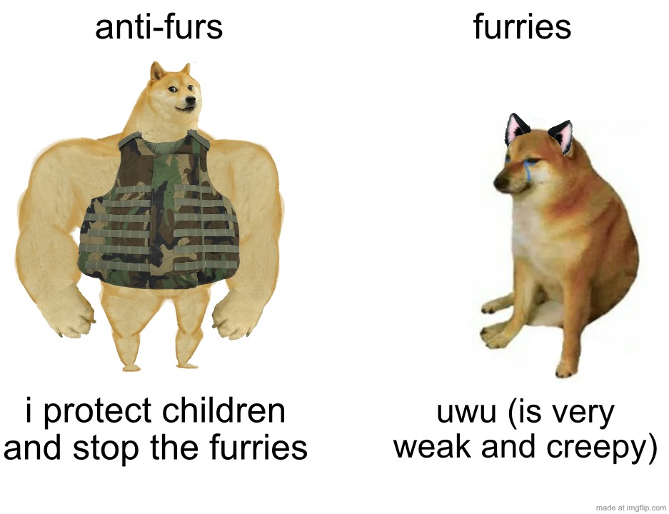Buff Doge vs. Cheems Meme | anti-furs; furries; i protect children and stop the furries; uwu (is very weak and creepy) | image tagged in memes,buff doge vs cheems | made w/ Imgflip meme maker