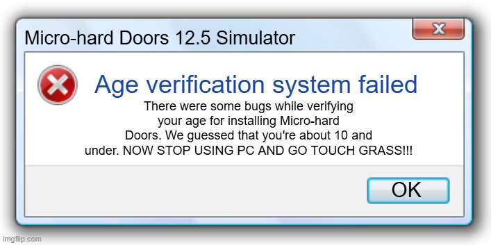 The most hated error ever. | Micro-hard Doors 12.5 Simulator; Age verification system failed; There were some bugs while verifying your age for installing Micro-hard Doors. We guessed that you're about 10 and under. NOW STOP USING PC AND GO TOUCH GRASS!!! OK | image tagged in windows 7 error message | made w/ Imgflip meme maker