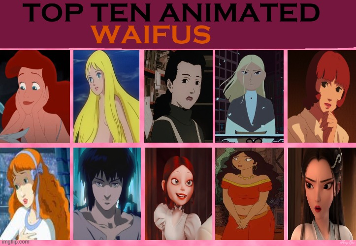 top ten animated waifus | image tagged in top ten animated waifus,movies,animation,fairy tales,fantasy,classic movies | made w/ Imgflip meme maker