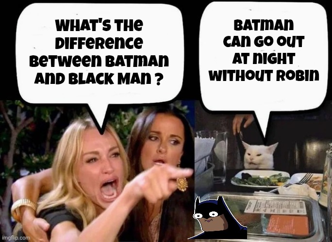 Gotham City is safe | What's the difference between Batman and Black Man ? Batman can go out at night without Robin | image tagged in don't eat the cat,batman smiles,joker,racist,well yes but actually no | made w/ Imgflip meme maker