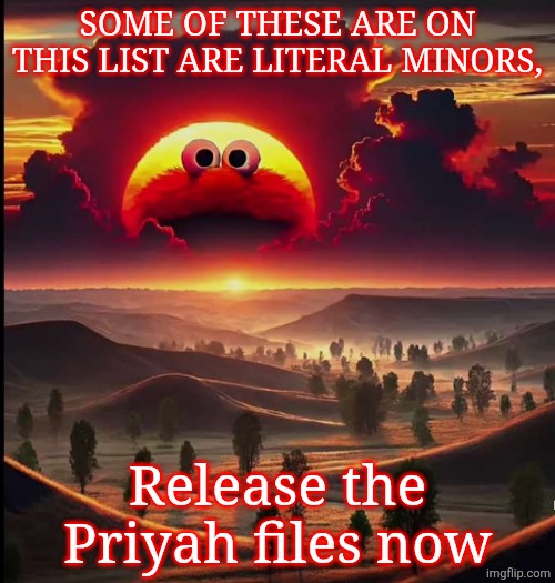 Screaming elmo sunrise | SOME OF THESE ARE ON THIS LIST ARE LITERAL MINORS, Release the Priyah files now | image tagged in screaming elmo sunrise | made w/ Imgflip meme maker