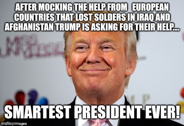 Smartest ever | AFTER MOCKING THE HELP FROM   EUROPEAN COUNTRIES THAT LOST SOLDERS IN IRAQ AND AFGHANISTAN TRUMP IS ASKING FOR THEIR HELP.... SMARTEST PRESIDENT EVER! | image tagged in iran,israel,war,maga,nevertrump,trump sucks | made w/ Imgflip meme maker