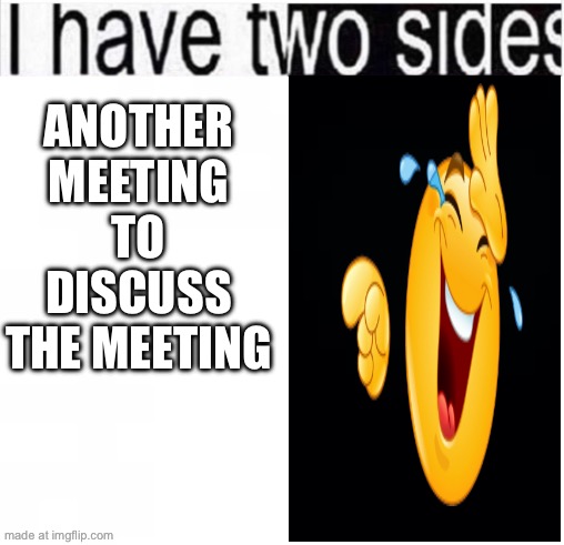 i have two sides | ANOTHER MEETING TO DISCUSS THE MEETING | image tagged in i have two sides | made w/ Imgflip meme maker