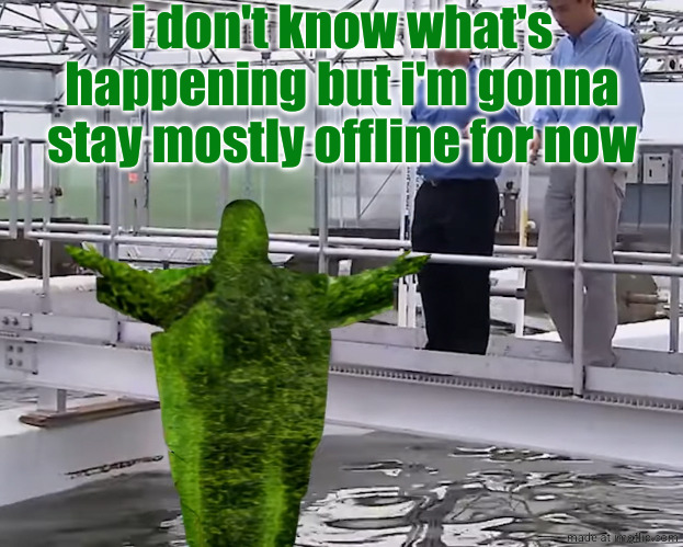 Aljaesus | i don't know what's happening but i'm gonna stay mostly offline for now | image tagged in aljaesus | made w/ Imgflip meme maker