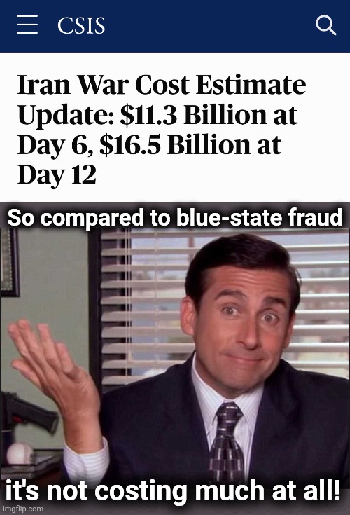 It's cheap! | So compared to blue-state fraud; it's not costing much at all! | image tagged in michael scott,memes,democrats,blue states,fraud,corruption | made w/ Imgflip meme maker