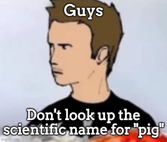 Jesse | Guys; Don't look up the scientific name for "pig" | image tagged in jesse,sus | made w/ Imgflip meme maker