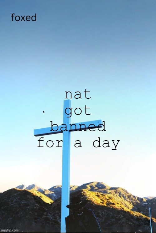 foxed jpeg temp | nat got banned for a day | image tagged in foxed jpeg temp | made w/ Imgflip meme maker