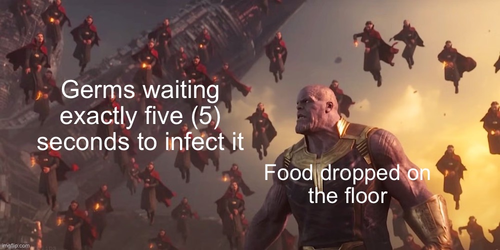 5 second rule | Germs waiting exactly five (5) seconds to infect it; Food dropped on
the floor | image tagged in thanos,doctor strange,avengers infinity war | made w/ Imgflip meme maker