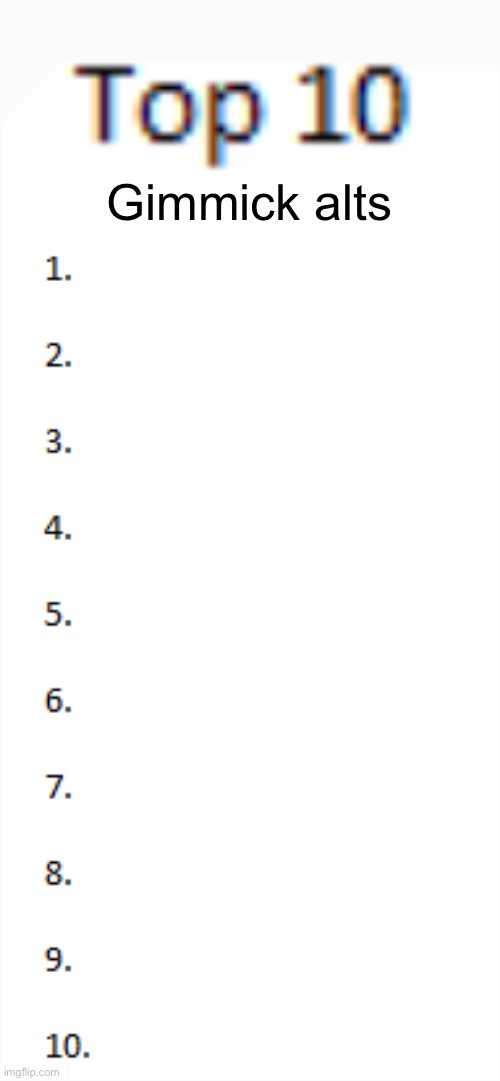 New voting thing. Who’s number 10 | Gimmick alts | image tagged in top 10 list | made w/ Imgflip meme maker