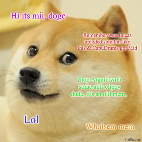 Doge Meme | Hi its mii, doge Remember wen Lucas uploded somthin like this & CapuDrums got Mid Stop Arguin with some anti-clipey dude, it’s an old mem, L | image tagged in memes,doge | made w/ Imgflip meme maker