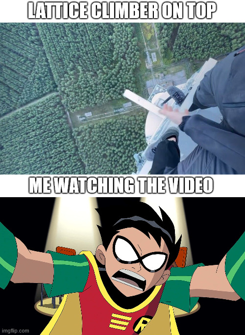 Robin | LATTICE CLIMBER ON TOP; ME WATCHING THE VIDEO | image tagged in teen titans,memes,climbing memes,lattice climbing,dark humor,latticeclimbing | made w/ Imgflip meme maker