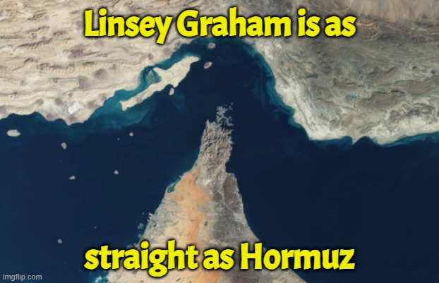 Straight as Hormuz | Linsey Graham is as; straight as Hormuz | image tagged in lindsey graham,congress,israel,iran,ww3,oil | made w/ Imgflip meme maker