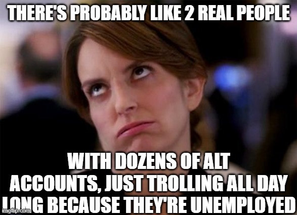 eye roll | THERE'S PROBABLY LIKE 2 REAL PEOPLE WITH DOZENS OF ALT ACCOUNTS, JUST TROLLING ALL DAY LONG BECAUSE THEY'RE UNEMPLOYED | image tagged in eye roll | made w/ Imgflip meme maker