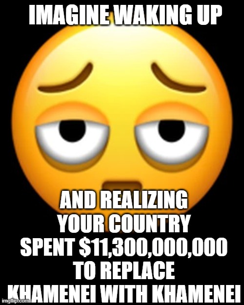 Clowns in Control | IMAGINE WAKING UP; AND REALIZING YOUR COUNTRY SPENT $11,300,000,000 TO REPLACE KHAMENEI WITH KHAMENEI | image tagged in exhausted emoji | made w/ Imgflip meme maker