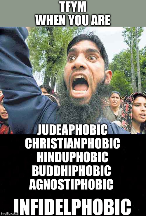 And caninephobic. New word of the day: INFIDELPHOBIC | TFYM
WHEN YOU ARE; JUDEAPHOBIC
CHRISTIANPHOBIC
HINDUPHOBIC
BUDDHIPHOBIC 
AGNOSTIPHOBIC; INFIDELPHOBIC | image tagged in angry jihadi,infidelphobic | made w/ Imgflip meme maker