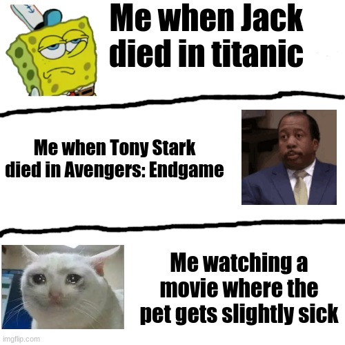 I don't even want to think about it dying | Me when Jack died in titanic; Me when Tony Stark died in Avengers: Endgame; Me watching a movie where the pet gets slightly sick | image tagged in memes,fun,funny,spongebob | made w/ Imgflip meme maker