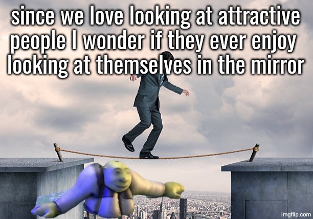 man walking on rope | since we love looking at attractive people I wonder if they ever enjoy 
looking at themselves in the mirror | image tagged in man walking on rope | made w/ Imgflip meme maker