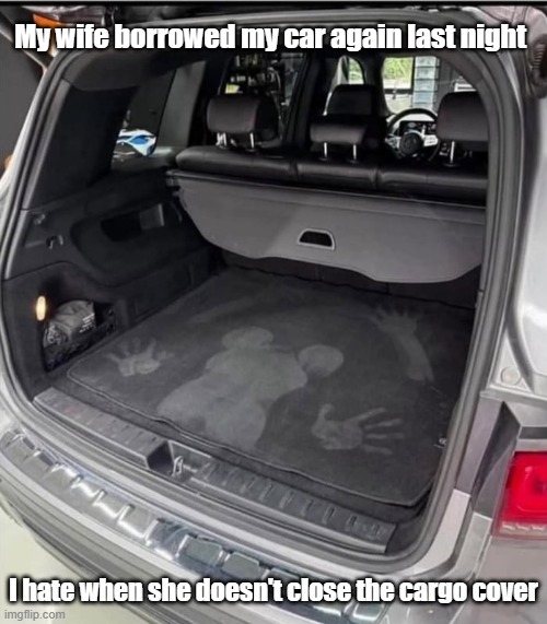 Cargo Cover | My wife borrowed my car again last night; I hate when she doesn't close the cargo cover | image tagged in wife,car,cover,wait a minute | made w/ Imgflip meme maker