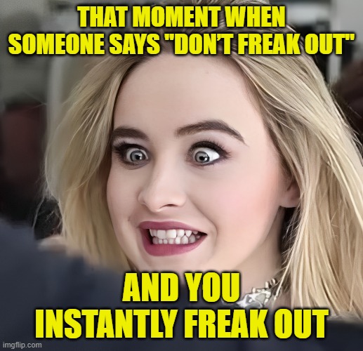 don’t freak out | THAT MOMENT WHEN SOMEONE SAYS "DON’T FREAK OUT"; AND YOU INSTANTLY FREAK OUT | image tagged in memes,sabrina carpenter | made w/ Imgflip meme maker