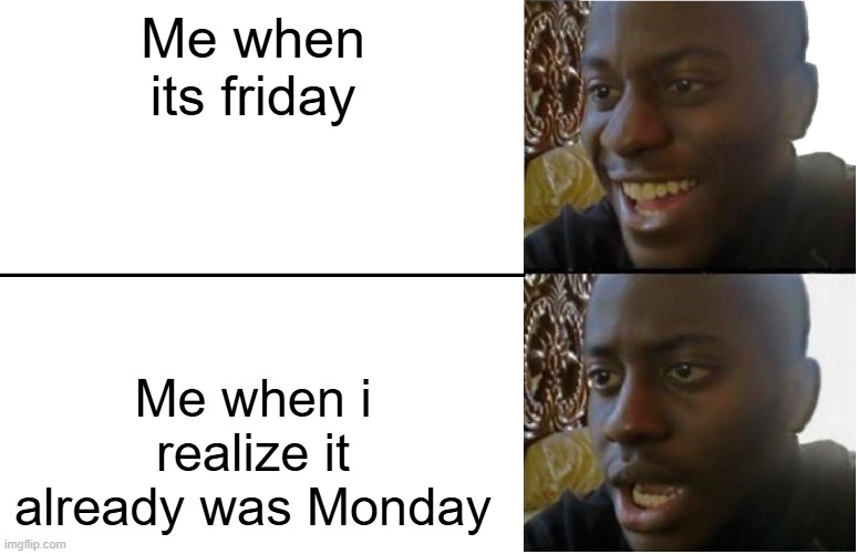 Disappointed Black Guy | Me when its friday; Me when i realize it already was Monday | image tagged in disappointed black guy | made w/ Imgflip meme maker