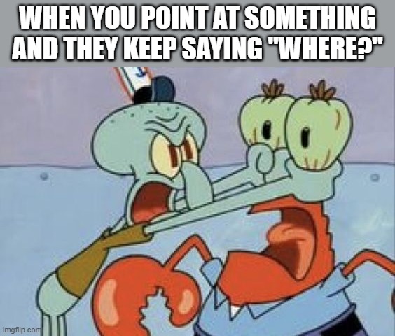 that feeling! | WHEN YOU POINT AT SOMETHING AND THEY KEEP SAYING "WHERE?" | image tagged in memes | made w/ Imgflip meme maker