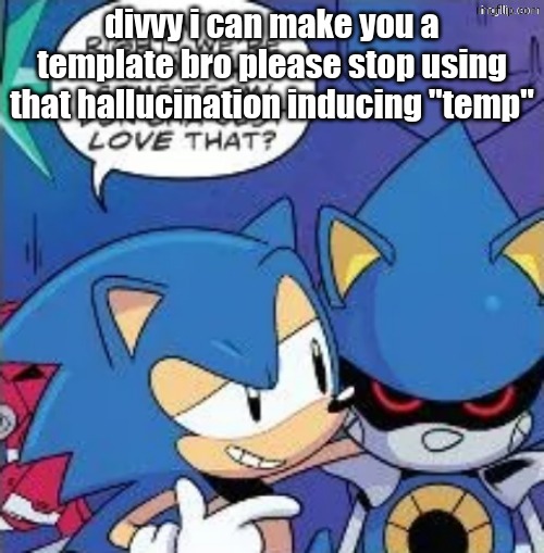 metal sonics ideal hell | divvy i can make you a template bro please stop using that hallucination inducing "temp" | image tagged in metal sonics ideal hell | made w/ Imgflip meme maker