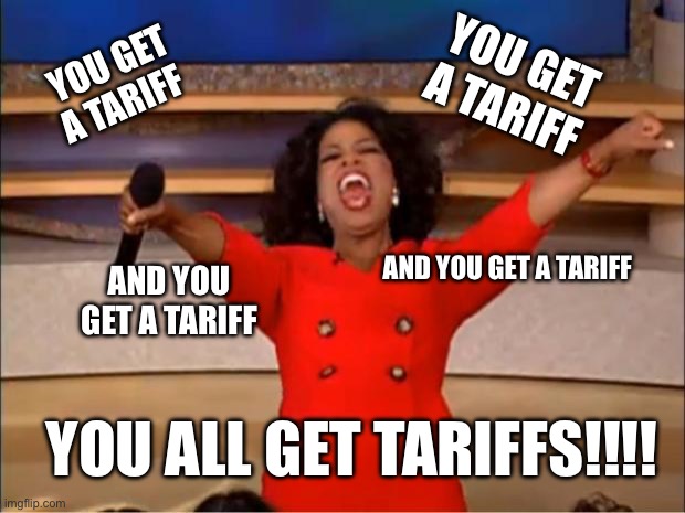You get a tariff | YOU GET A TARIFF; YOU GET A TARIFF; AND YOU GET A TARIFF; AND YOU GET A TARIFF; YOU ALL GET TARIFFS!!!! | image tagged in memes,oprah you get a | made w/ Imgflip meme maker