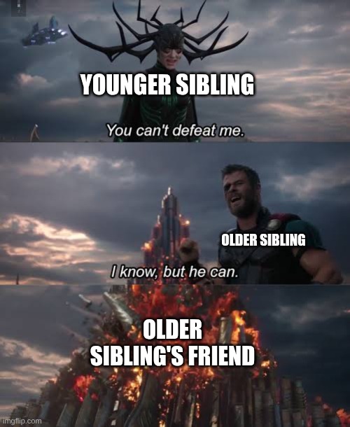 Thor Ragnarok Meme | YOUNGER SIBLING; OLDER SIBLING; OLDER SIBLING'S FRIEND | image tagged in thor ragnarok meme | made w/ Imgflip meme maker