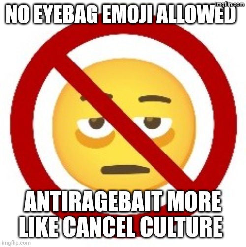 Anti-eyebag | NO EYEBAG EMOJI ALLOWED; ANTIRAGEBAIT MORE LIKE CANCEL CULTURE | image tagged in anti-eyebag | made w/ Imgflip meme maker