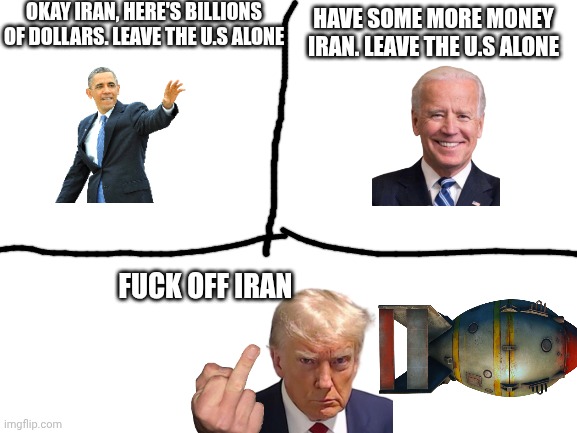 Blank White Template | OKAY IRAN, HERE'S BILLIONS OF DOLLARS. LEAVE THE U.S ALONE; HAVE SOME MORE MONEY IRAN. LEAVE THE U.S ALONE; FUCK OFF IRAN | image tagged in blank white template | made w/ Imgflip meme maker