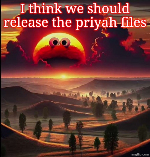 Screaming elmo sunrise | I think we should release the priyah files | image tagged in screaming elmo sunrise | made w/ Imgflip meme maker