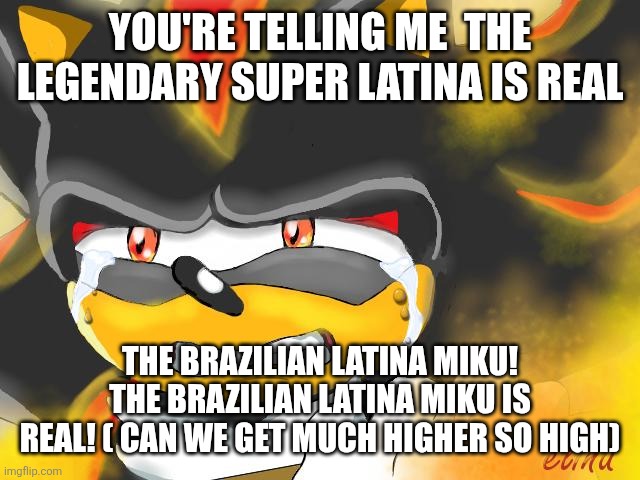 YOU'RE TELLING ME  THE LEGENDARY SUPER LATINA IS REAL THE BRAZILIAN LATINA MIKU! THE BRAZILIAN LATINA MIKU IS REAL! ( CAN WE GET MUCH HIGHER | image tagged in shadow the hedgehog crying | made w/ Imgflip meme maker