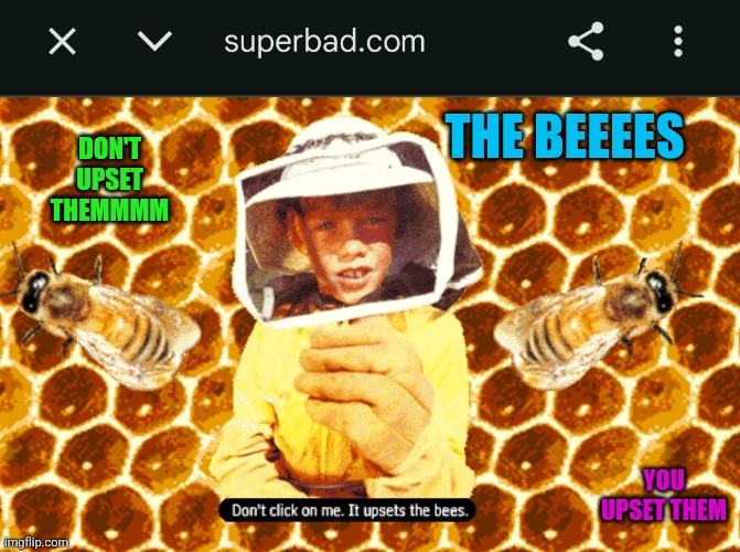 Don't upset the bees... | THE BEEEES; DON'T UPSET THEMMMM; YOU UPSET THEM | image tagged in beees,buzzzzzzz,if you read this comment that your wife left you,nooooo the beeees,zzzzzzz,dont click | made w/ Imgflip meme maker