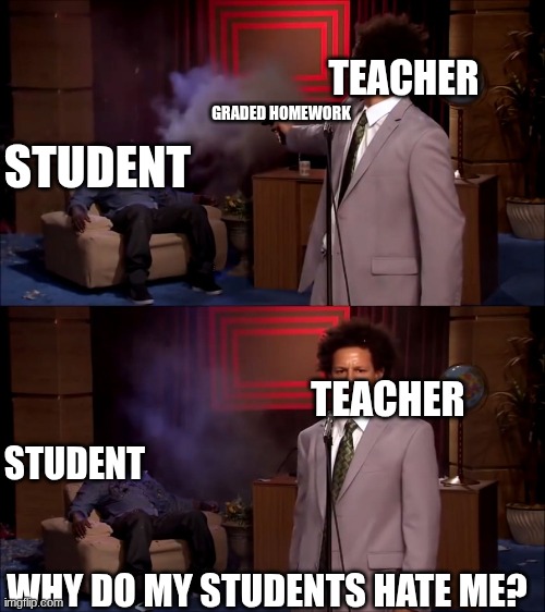 Why would eric andre do this | TEACHER; GRADED HOMEWORK; STUDENT; TEACHER; STUDENT; WHY DO MY STUDENTS HATE ME? | image tagged in why would eric andre do this | made w/ Imgflip meme maker