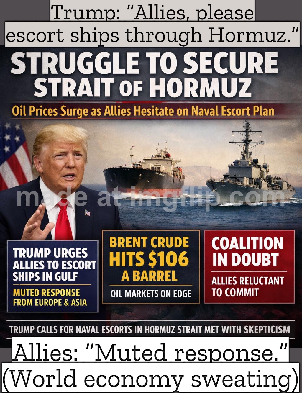 Trump: “Allies, escort ships through Hormuz.”; Allies: “How about a muted response and we pretend we didn’t hear that?” | Trump: “Allies, please escort ships through Hormuz.”; Allies: “Muted response.” (World economy sweating) | image tagged in hormuz strait,donald trump,economy,iran,world war 3,oil | made w/ Imgflip meme maker