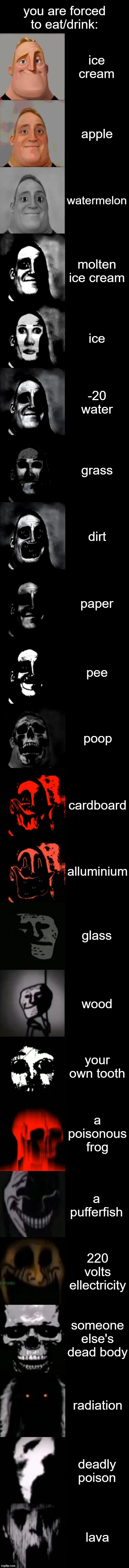 you are forced to eat: | you are forced to eat/drink:; ice cream; apple; watermelon; molten ice cream; ice; -20 water; grass; dirt; paper; pee; poop; cardboard; alluminium; glass; wood; your own tooth; a poisonous frog; a pufferfish; 220 volts ellectricity; someone else's dead body; radiation; deadly poison; lava | made w/ Imgflip meme maker