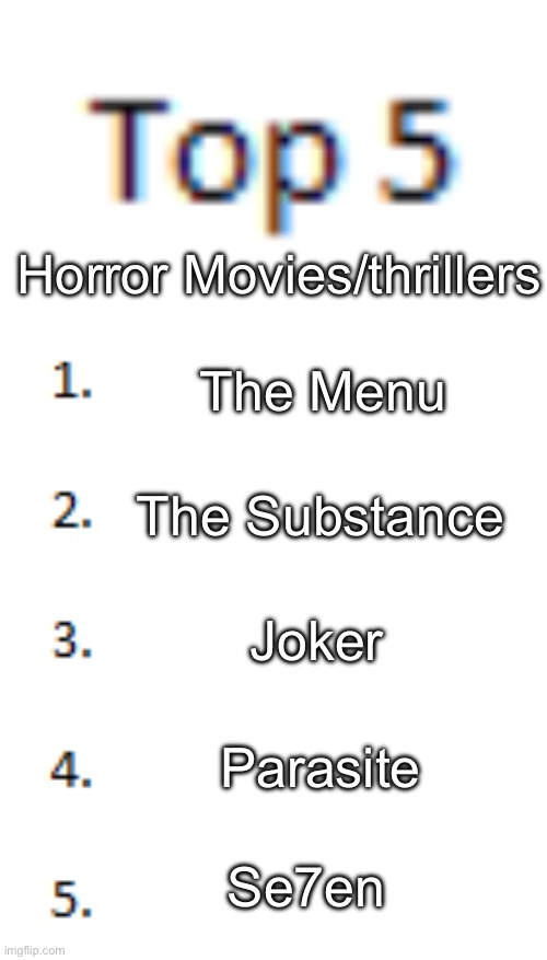 W or L list | Horror Movies/thrillers; The Menu; The Substance; Joker; Parasite; Se7en | image tagged in top 5 list | made w/ Imgflip meme maker