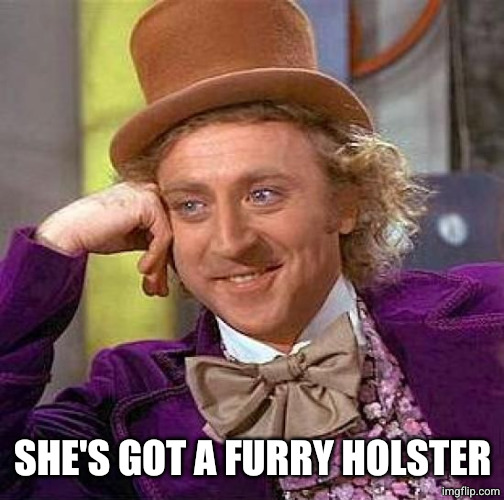 Creepy Condescending Wonka Meme | SHE'S GOT A FURRY HOLSTER | image tagged in memes,creepy condescending wonka | made w/ Imgflip meme maker