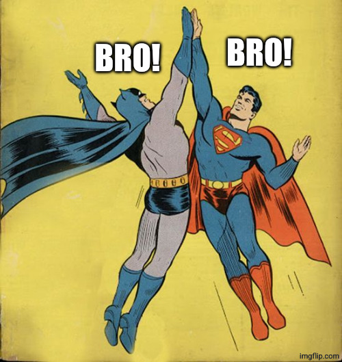 Batman superman high five | BRO! BRO! | image tagged in batman superman high five | made w/ Imgflip meme maker