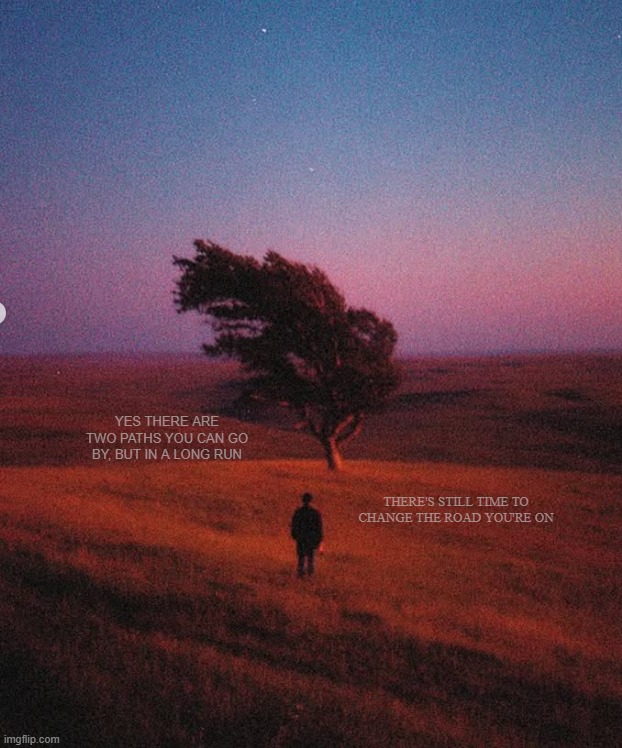 zepline | YES THERE ARE TWO PATHS YOU CAN GO BY, BUT IN A LONG RUN; THERE'S STILL TIME TO CHANGE THE ROAD YOU'RE ON | image tagged in zepline | made w/ Imgflip meme maker