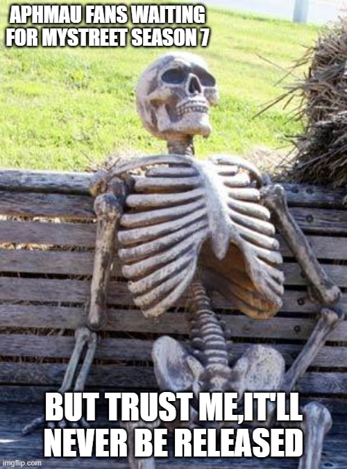 is this how it feels of truth? | APHMAU FANS WAITING FOR MYSTREET SEASON 7; BUT TRUST ME,IT'LL NEVER BE RELEASED | image tagged in memes,waiting skeleton | made w/ Imgflip meme maker