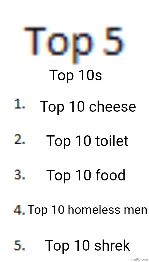 I'm bored | Top 10s; Top 10 cheese; Top 10 toilet; Top 10 food; Top 10 homeless men; Top 10 shrek | image tagged in top 5 list | made w/ Imgflip meme maker