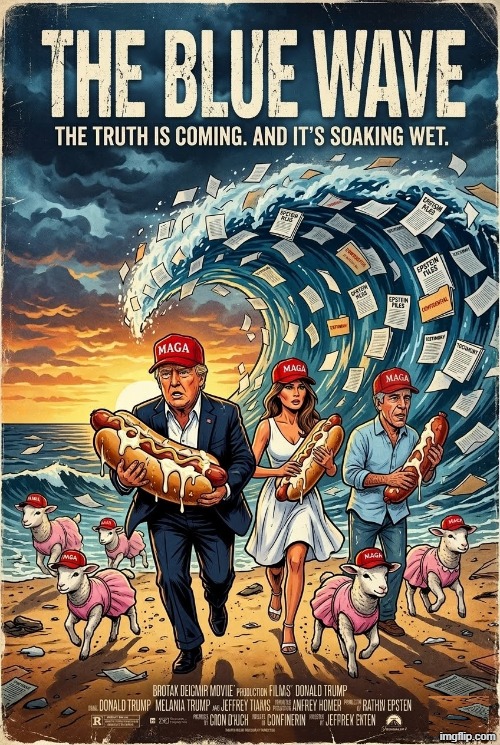 THE BLUE WAVE | image tagged in blue wave,trump,jeffrey epstein,melania trump,beach,wave | made w/ Imgflip meme maker