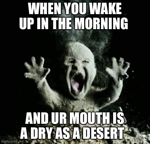 Can’t speak | WHEN YOU WAKE UP IN THE MORNING; AND UR MOUTH IS A DRY AS A DESERT | image tagged in ash baby,memes,relatable | made w/ Imgflip meme maker