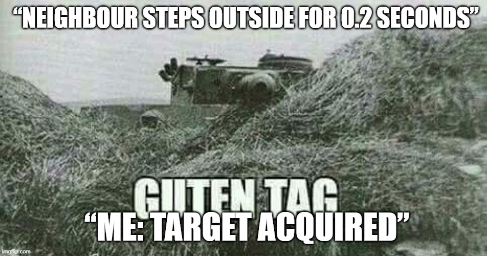 German guten tag tiger | “NEIGHBOUR STEPS OUTSIDE FOR 0.2 SECONDS”; “ME: TARGET ACQUIRED” | image tagged in german guten tag tiger | made w/ Imgflip meme maker