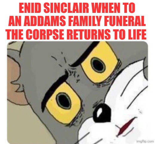 Shocked Tom | ENID SINCLAIR WHEN TO AN ADDAMS FAMILY FUNERAL THE CORPSE RETURNS TO LIFE | image tagged in shocked tom | made w/ Imgflip meme maker