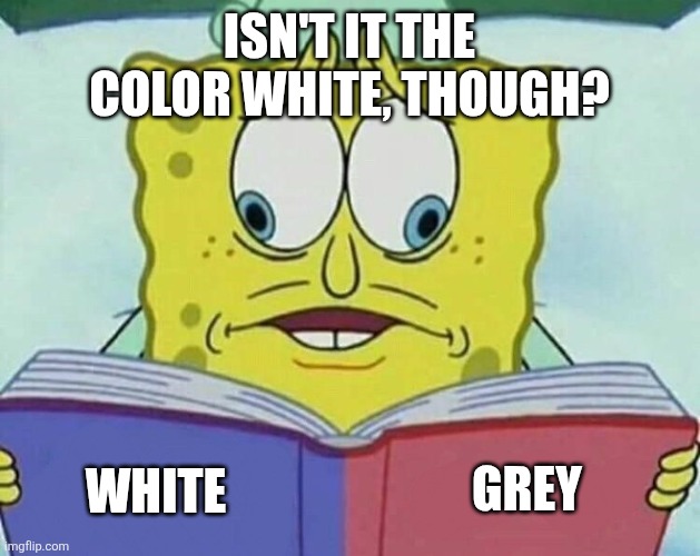 ISN'T IT THE COLOR WHITE, THOUGH? WHITE GREY | image tagged in cross eyed spongebob | made w/ Imgflip meme maker