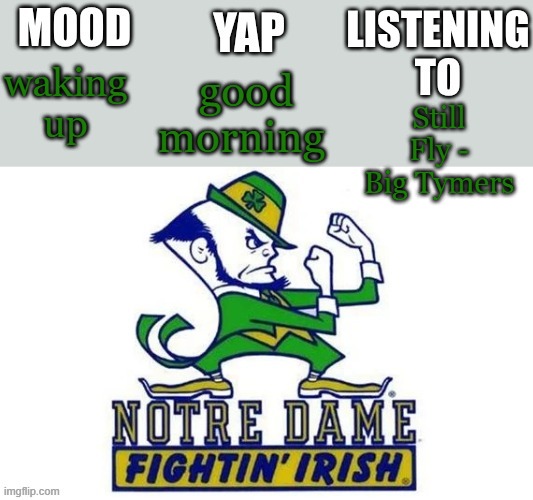 Notre_Dame_fan102's Second Announcement Temp | good morning; waking up; Still Fly - Big Tymers | image tagged in notre_dame_fan102's second announcement temp | made w/ Imgflip meme maker
